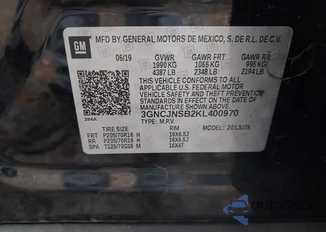 2019 Chevrolet Trax Ls из США, поврежденный, VIN 3GNCJNSB2KL400970